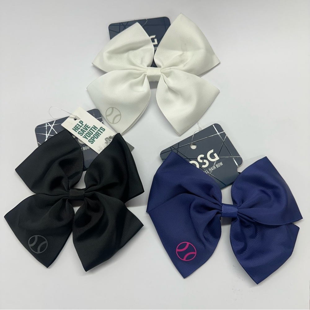 Three Pack of Softball Hair Tie Bows - One Each of Blue/White/Black
